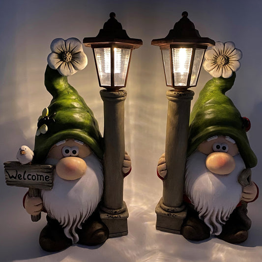 18" Tall Garden Gnomes with Solar Lanterns & Welcome Sign