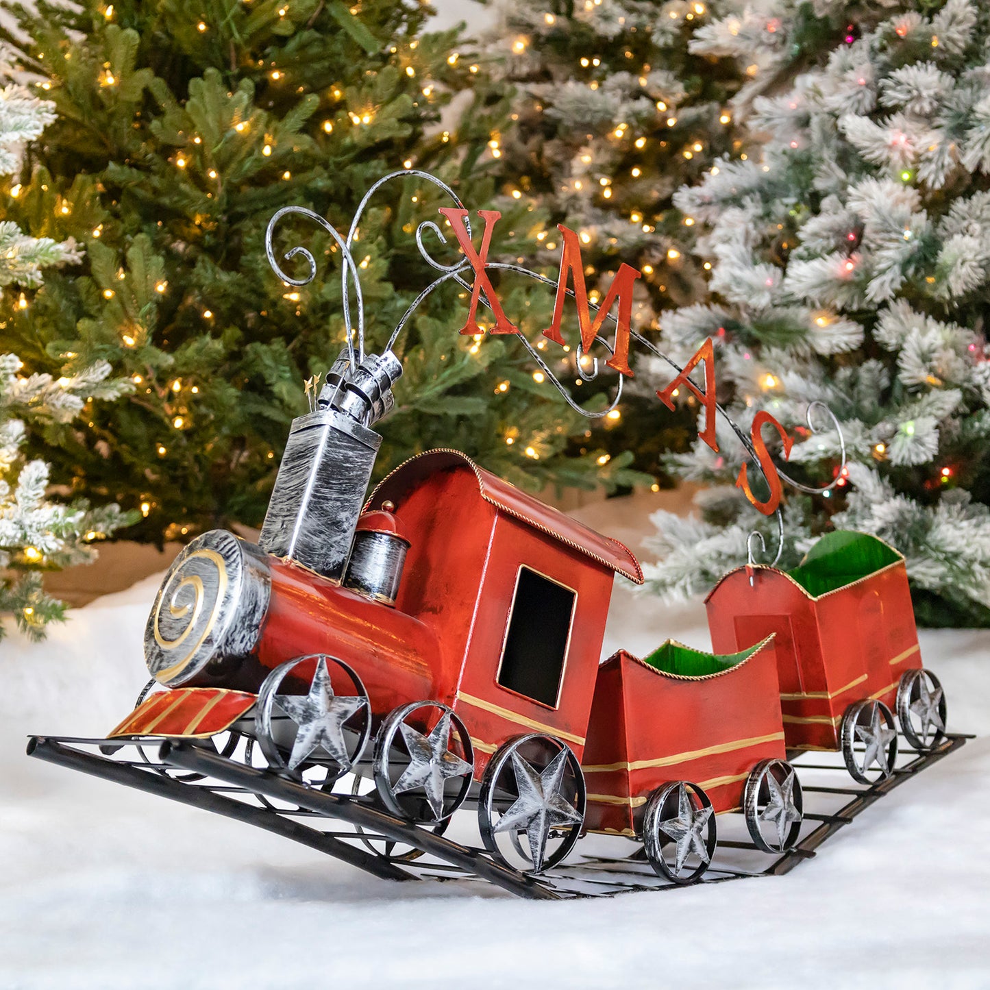 Metal Christmas Train on Track with 2 Carts