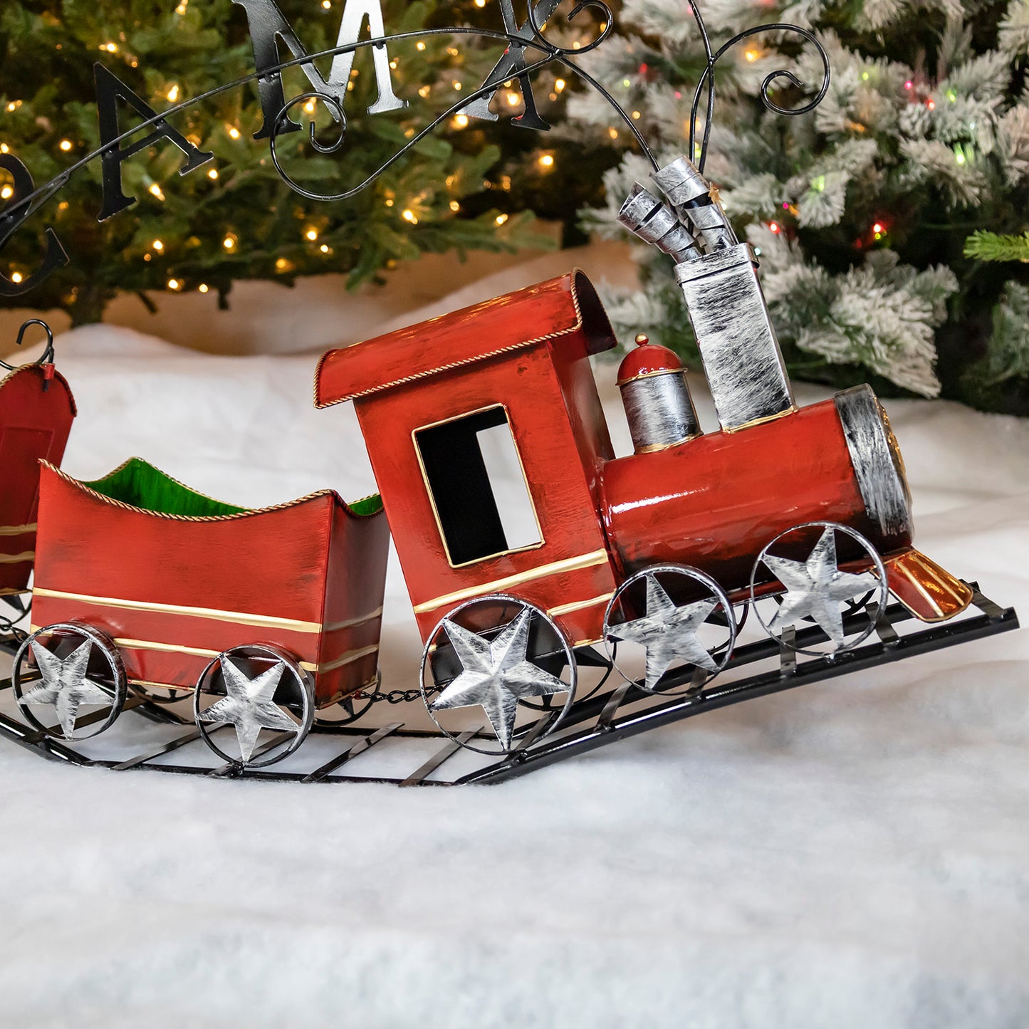 Metal Christmas Train on Track with 2 Carts
