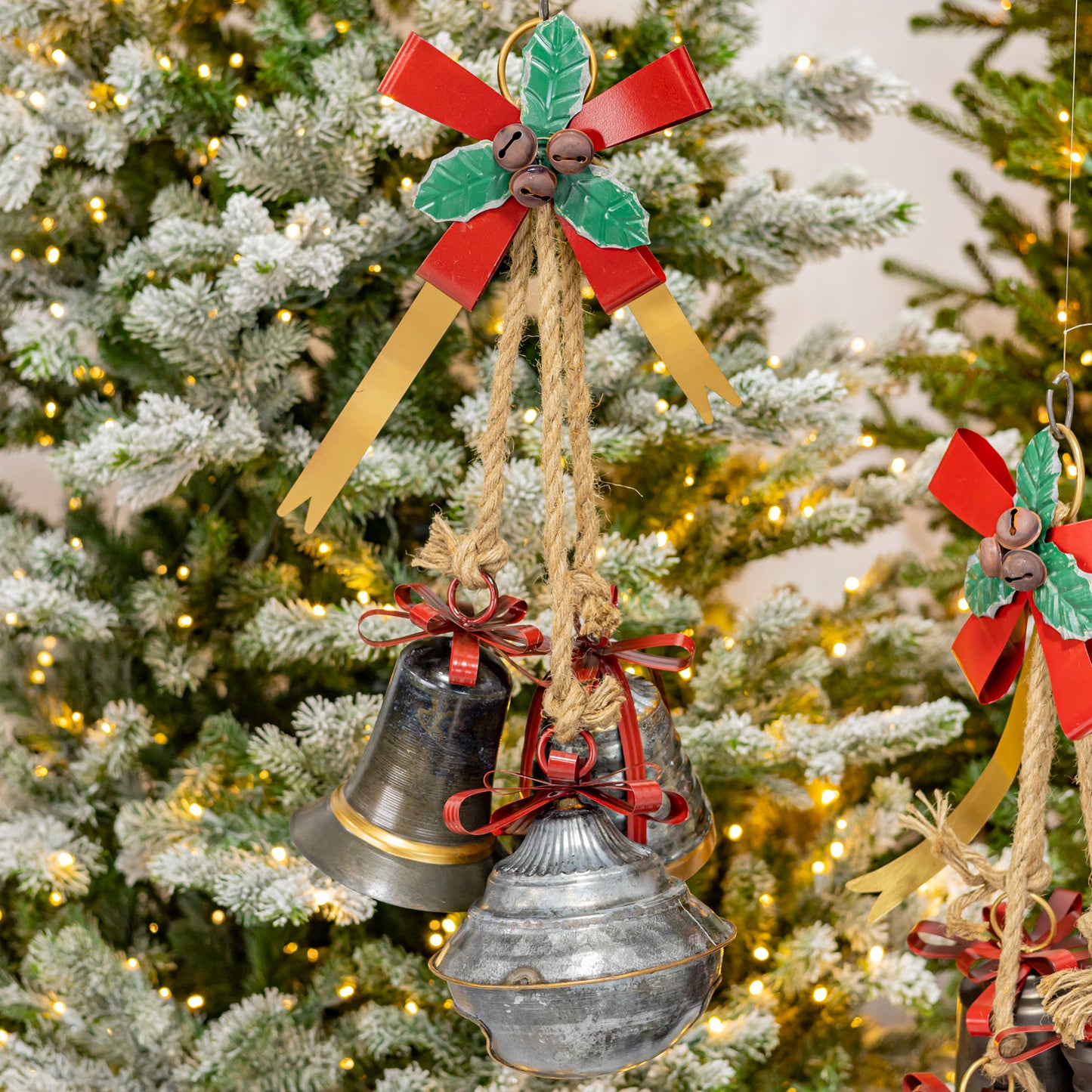 6” Galvanized Bells With Buffalo Check Bow Christmas Ornament